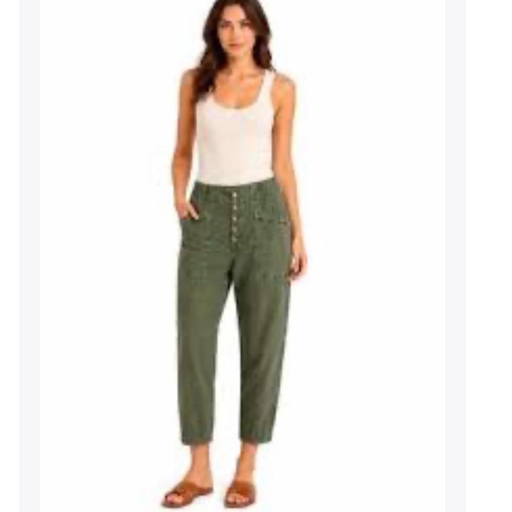 Sundance Olive Green Linen Blend Button Front Utility Pants Elastic Waist NEW